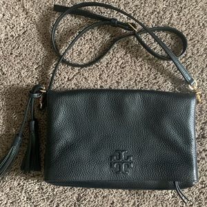 Tory Burch Thea foldover crossbody black tassels